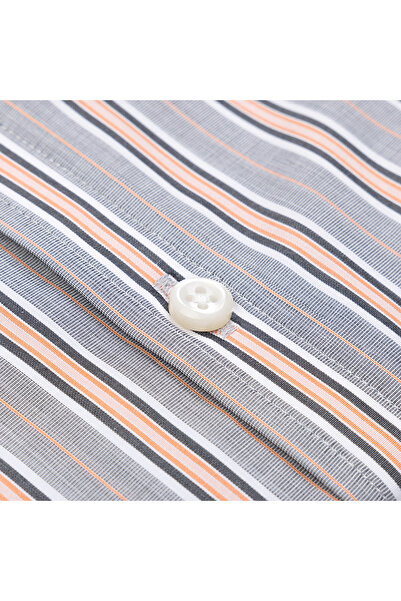 Germirli Grey Salmon Striped Button Collar Pocket Tailor Fit Cotton Shirt