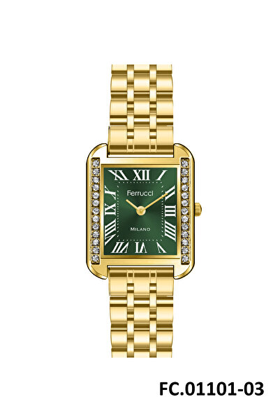Ferrucci KARE YEŞİL KADRANLI TAŞLI GOLD KADIN KOL SAATİ