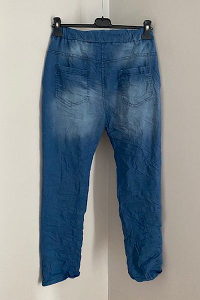 AYASOFYA OTANTIK Italian Blue Sequins Sequined Laser Cut Skinny Jeans - Elastic Waist Star Patch