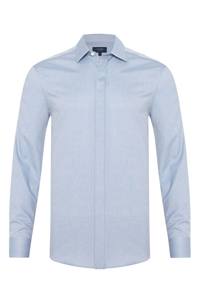 Germirli Mavi Gizli Pat Soft Yaka Tailor Fit Diyagonal Desen Pamuk Gömlek