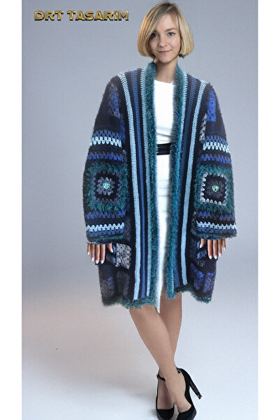 drt tasarım El Örgüsü Boho Tasarım Kare Motifli Kadın Kışlık Hırka - Kaftan