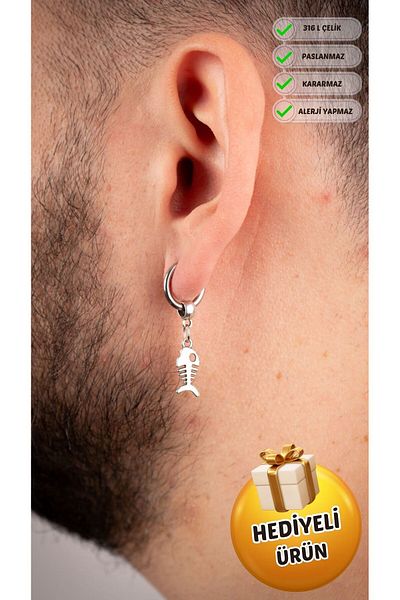 Piercing Market Steel & Silver Men's Special Design Hanging Fish Figure Stainless Steel Earrings