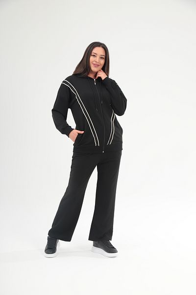 Şans Women's Plus Size Black Front Zipper Stripe and Stone Detailed Hooded Tracksuit Suit 65N38692