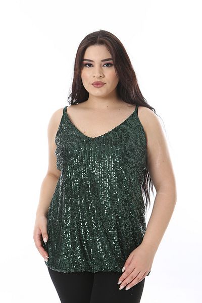 Şans Women's Plus Size Green Hemline Rubber Detailed Lined Sequin Blouse 65N38509