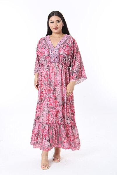 Şans Γυναικείο φόρεμα σιφόν κρεπ με πολύχρωμο γιακά πασιέντζα 65N38485