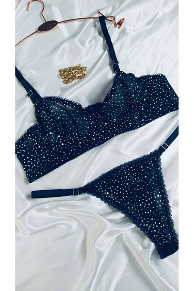 mendoza store Navy Blue Women's Polka Dot Underwire Bra Suit