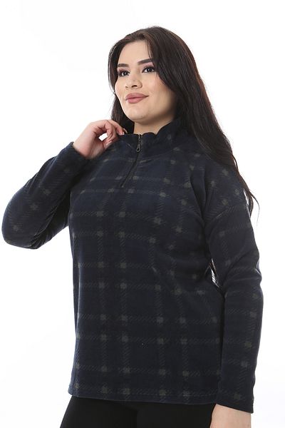Şans Women's Plus Size Navy Blue Placket Zip-Up Fleece Sweatshirt 65N38519