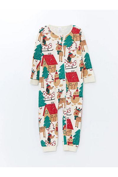 LC Waikiki Lcw Baby Ecru Crew Neck Long Sleeve Printed Baby Boy Romper