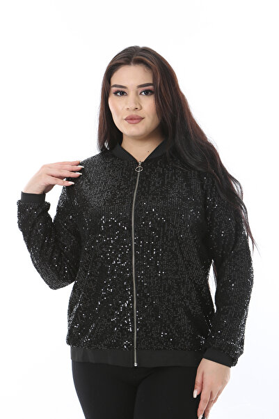 Şans Women's Plus Size Black Front Zip Lined Sequin Jacket 65N38511