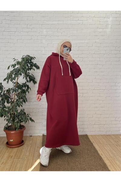 PLA STORE Bordo Uzun Sweat Elbise