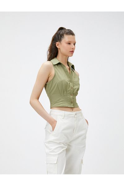 Koton Crop Shirt Sleeveless Corset Detailed Cuff Collar
