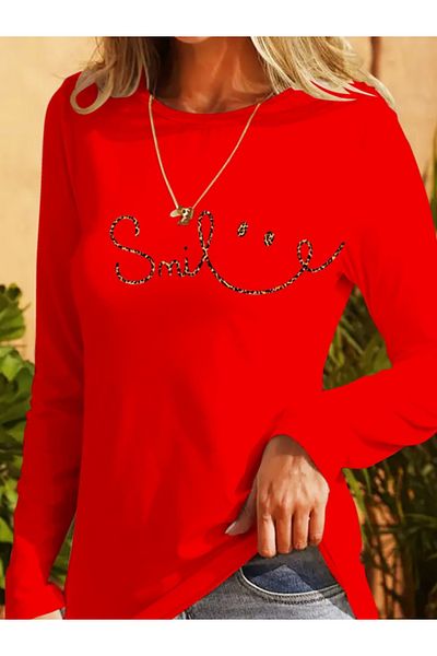 Moda Asmira Women's Long Sleeve Crew Neck Smiling Face Print Viscose Blouse
