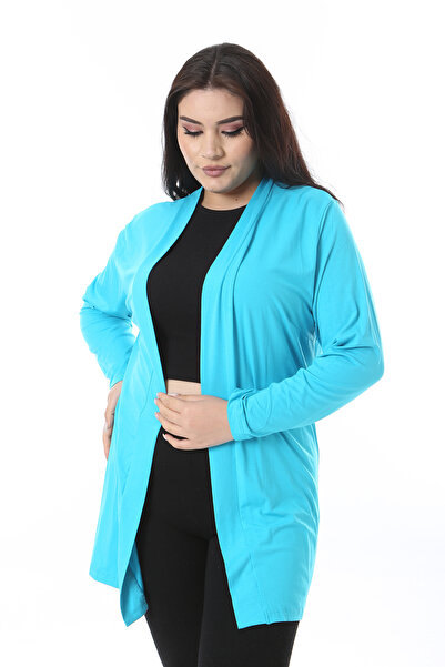 Şans Women's Plus Size Turquoise Collar Banded Lycra Viscose Cardigan 65N38534