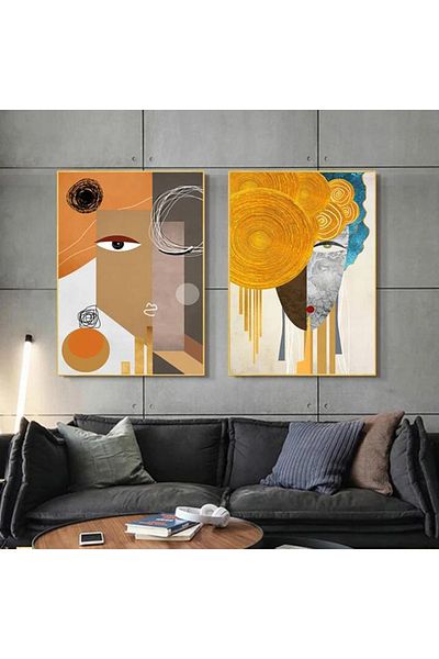 Linacci Set de picturi abstracte din sticlă cu cadru dublu din metal auriu