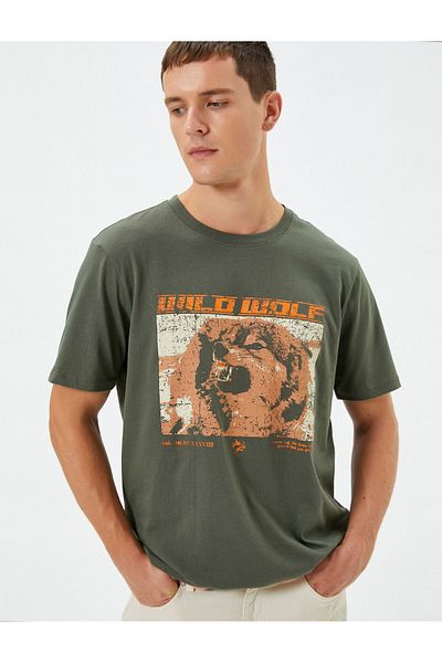 Koton Wolf Printed T-Shirt Slogan Crew Neck Κοντό μανίκι βαμβακερό