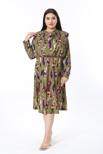 Şans Γυναικείο μακρυμάνικο φόρεμα με πράσινο χαμηλό γιακά 65N38483