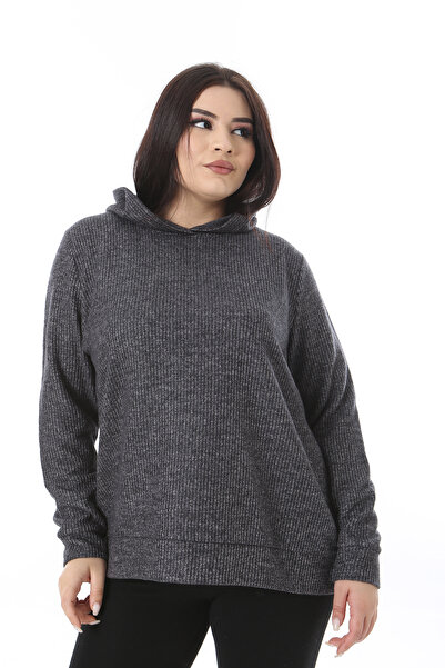 Şans Plus Size Hooded Viscose Sweatshirt - Anthracite Wool 65N38520