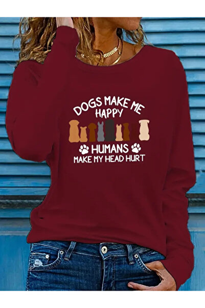 buğrahayalin Women's Long Sleeve Crew Neck Dog Picture Viscose Blouse