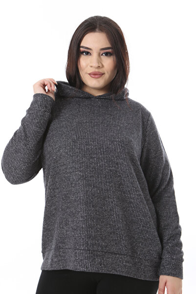 Şans Plus Size Hooded Viscose Sweatshirt - Anthracite Wool 65N38520