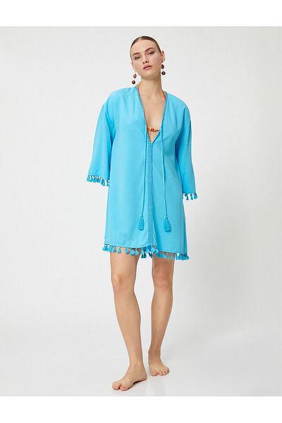 Koton Şahika Ercümen - Rochie de plajă mini oversize cu ciucuri din viscoză