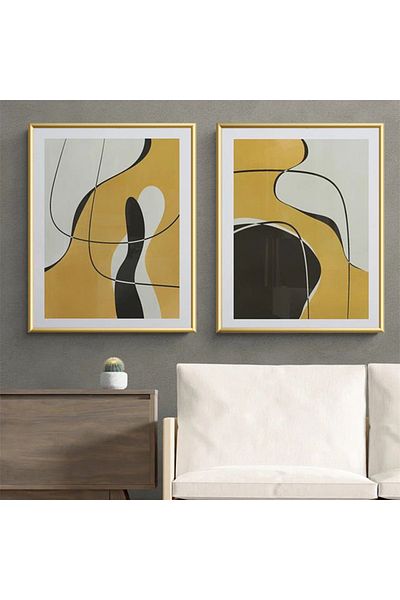 Linacci Set de picturi abstracte din sticlă galbenă neagră cu cadru dublu din metal auriu