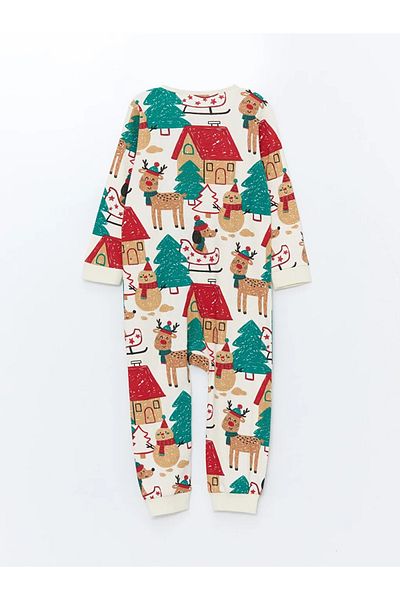 LC Waikiki Lcw Baby Ecru Crew Neck Long Sleeve Printed Baby Boy Romper