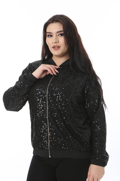 Şans Women's Plus Size Black Front Zip Lined Sequin Jacket 65N38511