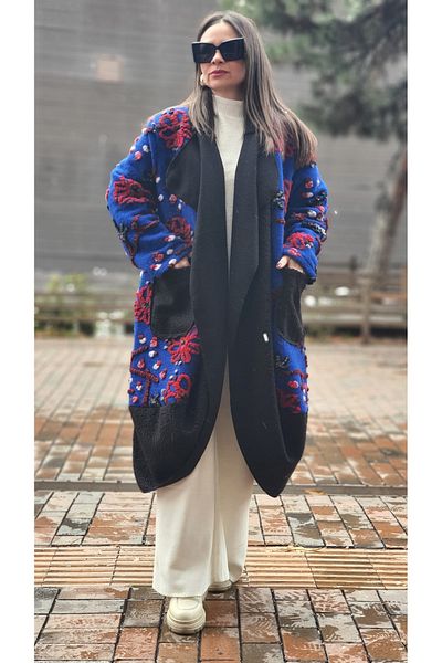 Park Moda PALTOANĂ ITALIANĂ DE PÂSLĂ CU GULER DE șal CU MOTIV DE FLORI