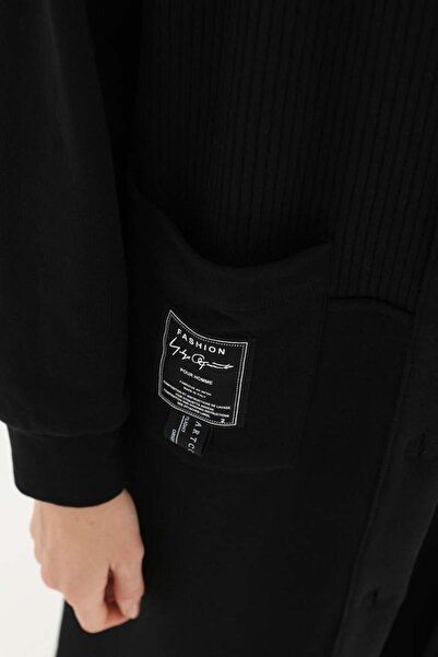 Puane Μαύρη ζακέτα με κουκούλα - Λεπτομέρεια ετικέτας, κουμπί, μακριά τσέπη, γυναικεία 15179