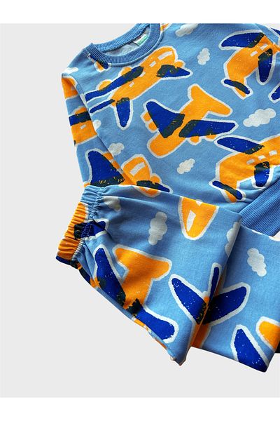TOFU KİDS Set de pijamale sezoniere cu mânecă lungă, cu model de avion, din bumbac (albastru) pentru băiat