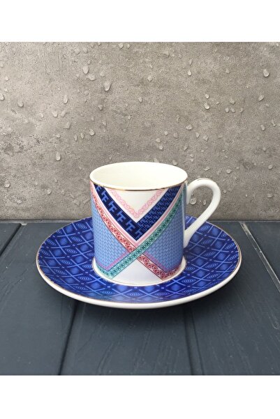 Pinkev 6 Person Porcelain Gold Gilt Blue Color Patterned Coffee Cup Set