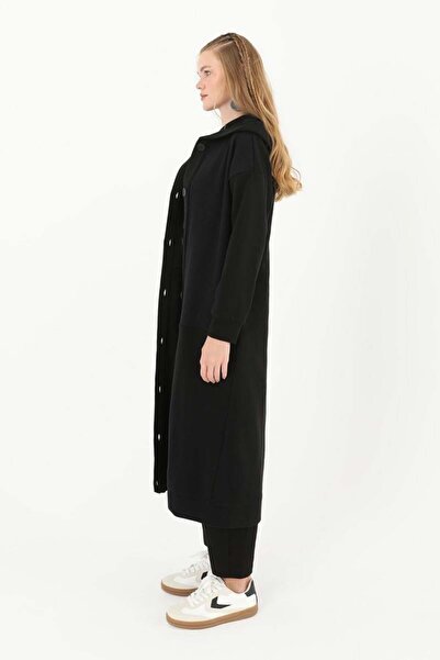 Puane Μαύρη ζακέτα με κουκούλα - Λεπτομέρεια ετικέτας, κουμπί, μακριά τσέπη, γυναικεία 15179