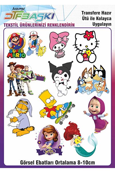 F17 Ajans 27 Adet Çizgi Karakter Ütü ile Yapışan Tişört Tekstil Transfer Dtf Baskı