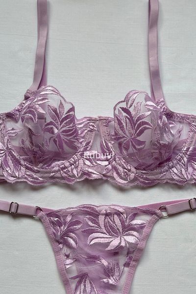 Rubuvi Bralet de damă liliac - Set de sutien și chiloți sexy de zestre cu trandafiri, sârmă și dantelă