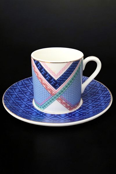 Pinkev 6 Person Porcelain Gold Gilt Blue Color Patterned Coffee Cup Set