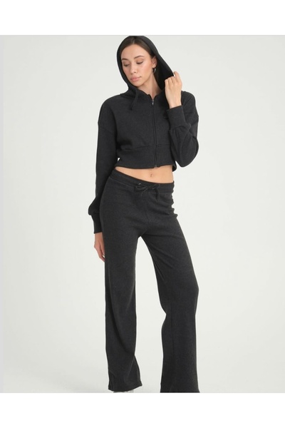 Ayfer Anthracite Cotton Corded Winter Set - Cardigan and Trousers Set