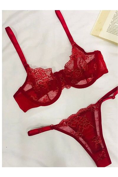 mendoza store Embroidery Red Glitter Thong Panties (Adjustable Clasp Panties) Impressive Bra Set