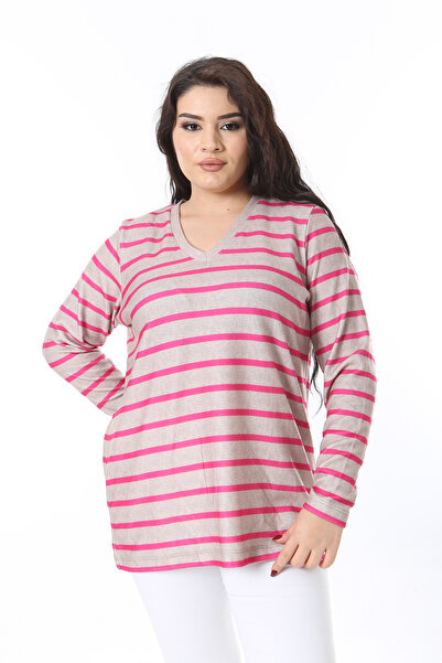 Şans Women's Plus Size Beige V-Neck Stripe Tunic with Raised Outside 65N38570