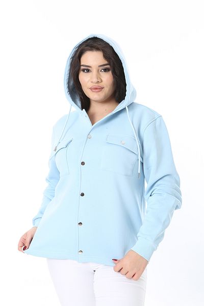 Şans Women's Plus Size Baby Blue 2-Thread Snap Button and Hooded Coat 65N38608