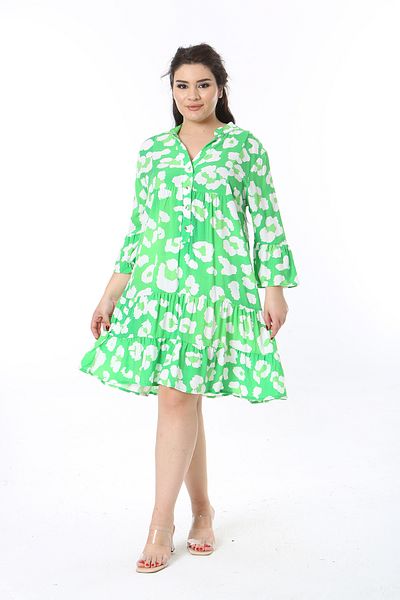 Şans Γυναικείο Plus Size Πράσινο Μπροστινό Φόρεμα με κουμπιά με κουμπιά 65N38598