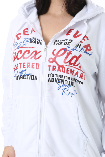 Şans Women's Plus Size White Front Zip and Printed Hooded Sweatshirt 65N38622
