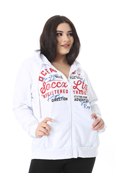 Şans Women's Plus Size White Front Zip and Printed Hooded Sweatshirt 65N38622