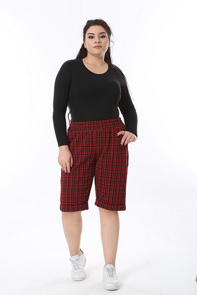 Şans Women's Plus Size Red Elastic Waist Side Pocket Plaid Pattern Bermuda 65N38678