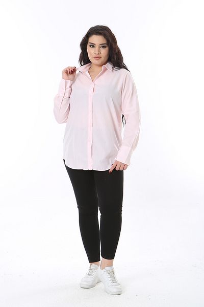 Şans Women's Plus Size Pink Front Button Poplin Shirt 65N38705