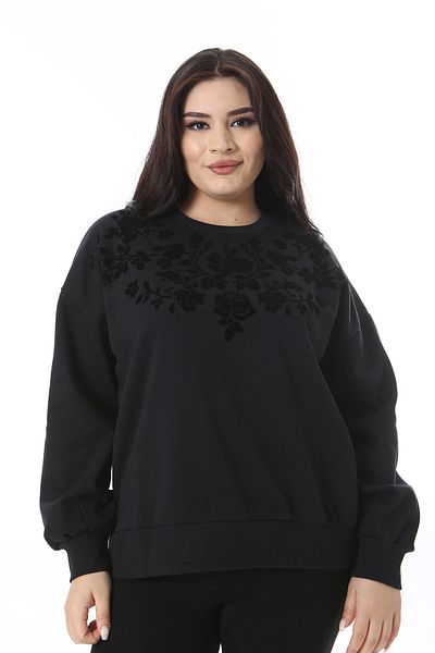 Şans Women's Plus Size Black 3 Thread Raster Flocked Printed Sweatshirt 65N38646