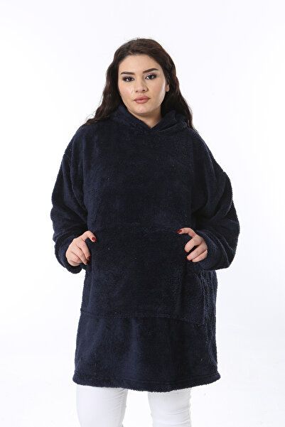 Şans Жіночий великий розмір темно-синій плюшевий світшот з капюшоном 65N38573