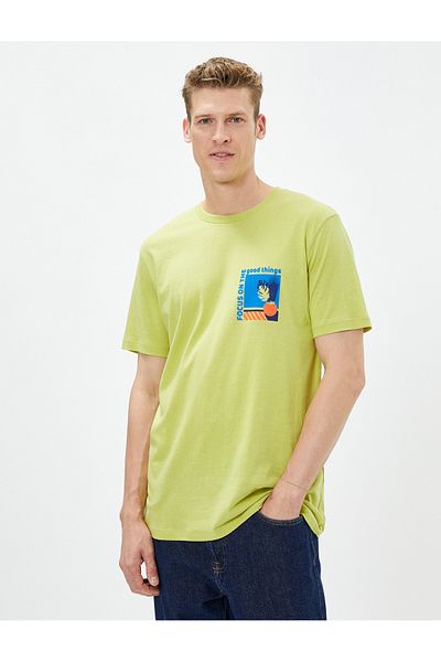 Koton Slogan Printed T-Shirt with Painting Detail Crew Neck Slim Fit Cotton