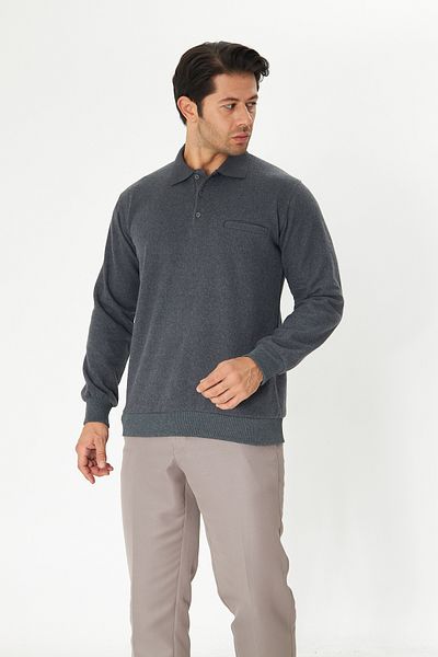 NASIFOĞLU GİYİM Men's Gray Thessaloniki Fabric Polo Neck Winter Sweater Relaxed Fit Cotton Pullover