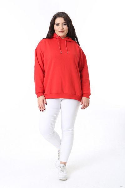 Şans Women's Plus Size Red Inner Raised Hooded Back Printed Sweatshirt 65N38614