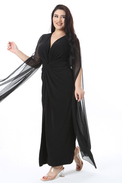 Şans Women's Plus Size Black Sleeves Tulle Detail Long Evening Dress 65N38578
